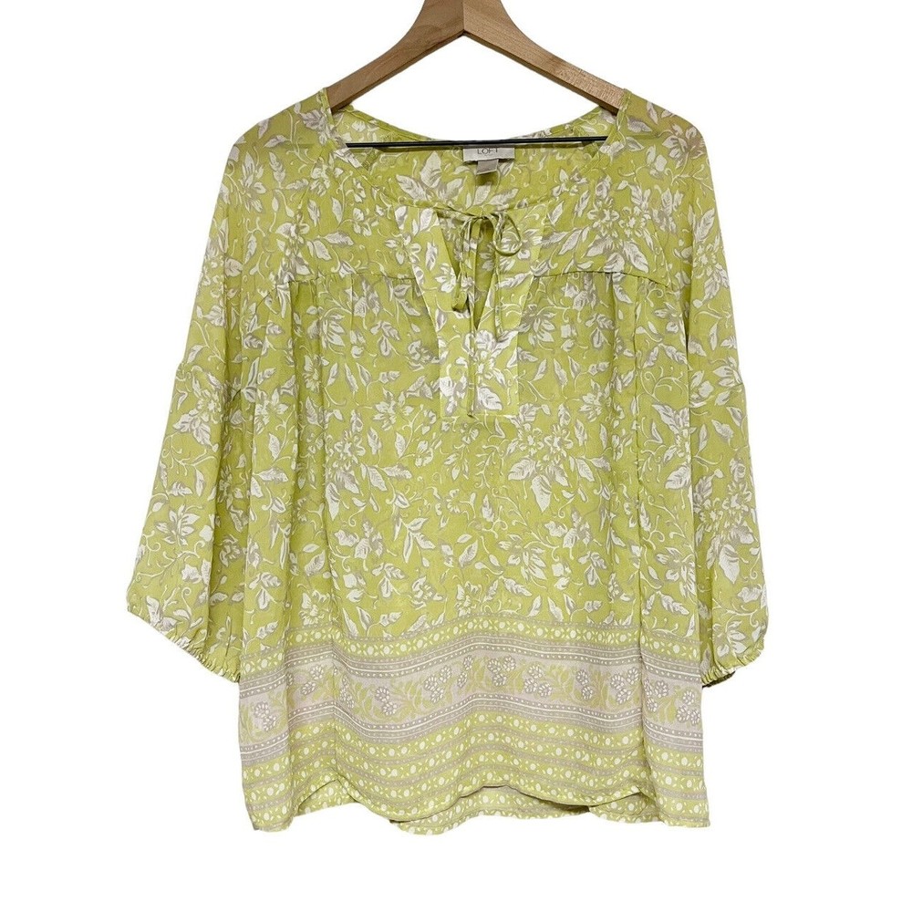 Loft Outlet Green Floral Sheer Peasant Blouse Womens Sz Medium Long Sleeve Tunic